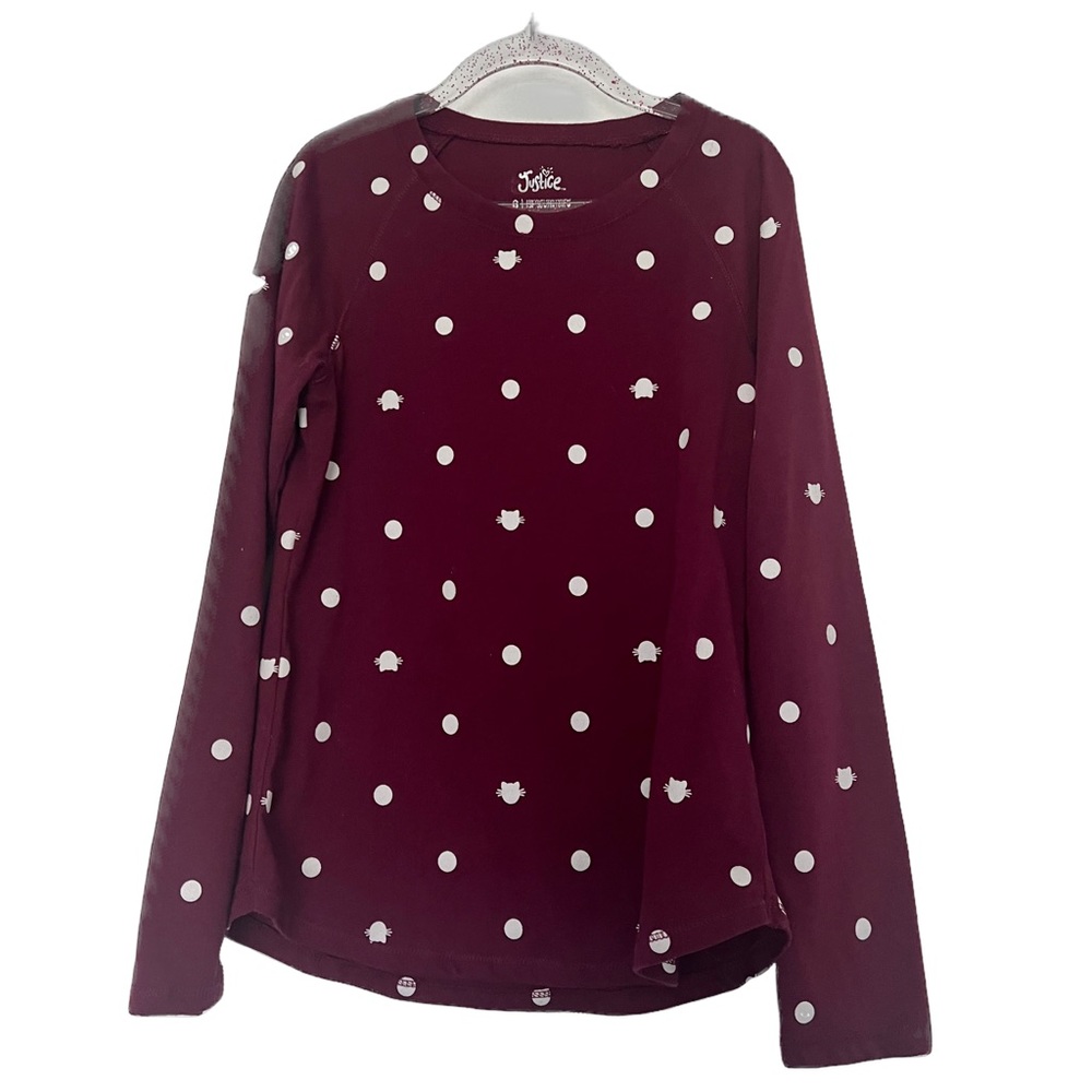 Justice Long Sleeve Tee Maroon Cat polka‎ dot Size 8